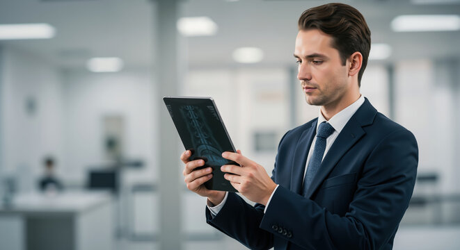 Professional businessman in navy suit using tablet computer in modern office environment. Corporate technology and digital business. Financial consulting services
