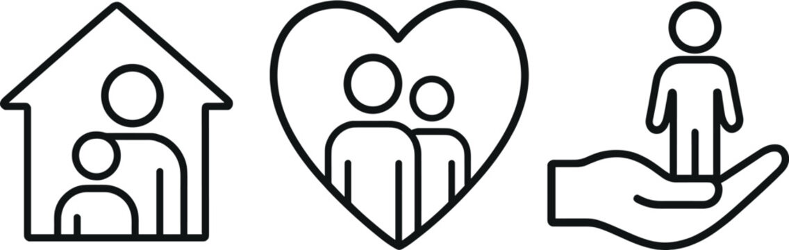 Family support icons: house, heart, and hand symbols with people figures