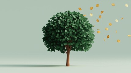 3d rendering of a tree with green leaves. the tree is standing on a light green background and is facing towards the right side of the image.