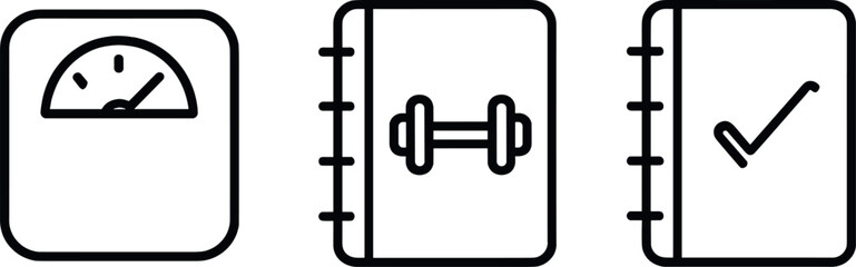 Minimalist icons of scale, dumbbell, and checklist for fitness and health