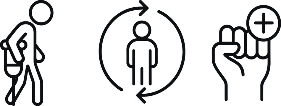 Icons of person walking, recycling, and add person symbol