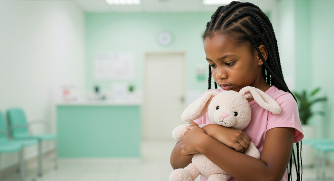 African american girl with braided hair hugging pink bunny toy in hospital setting. Pediatric healthcare and emotional support. Children therapy services