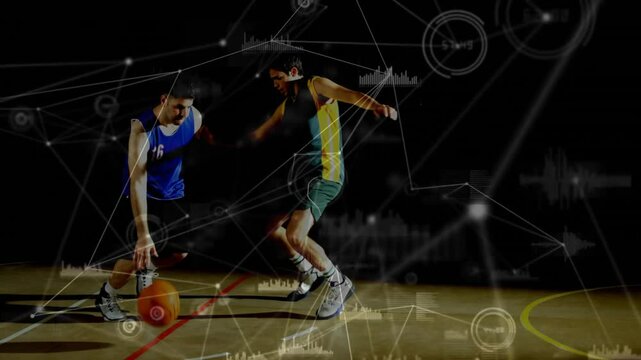 Using dribble fakes player #16 spinning crossover toward hoop as tech overlays intensifying dunking
