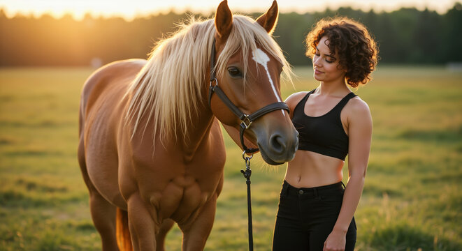 Woman with curly hair standing beside brown horse with blonde mane during golden sunset. Equestrian bonding and horse training. Animal therapy and riding services