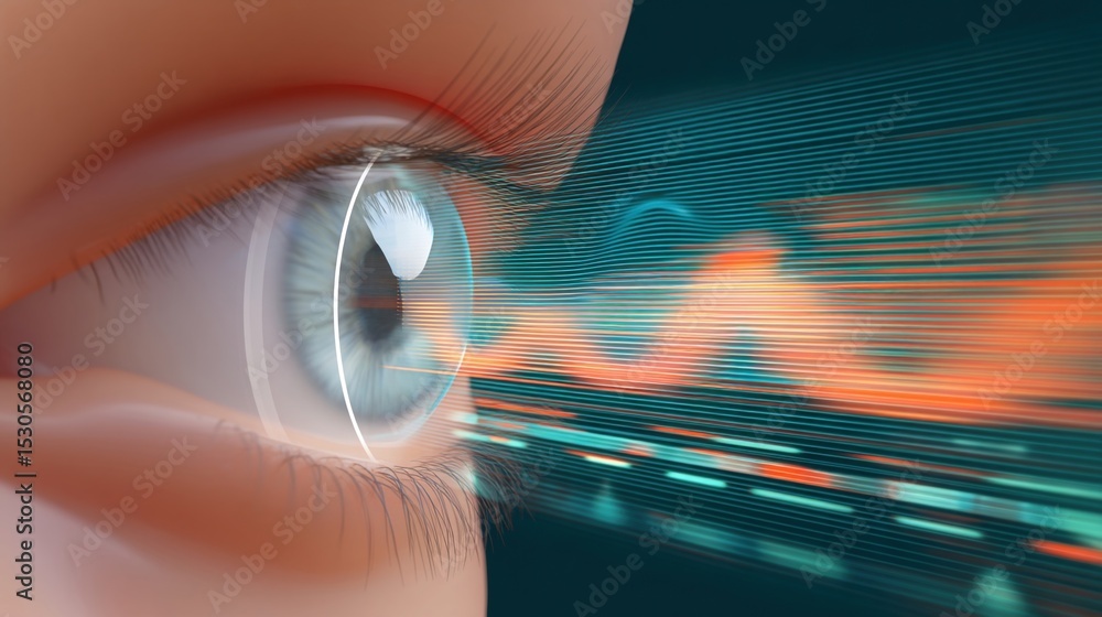Poster an illustration depicting a human eye wearing a smart contact lens with digital graphics showcasing 