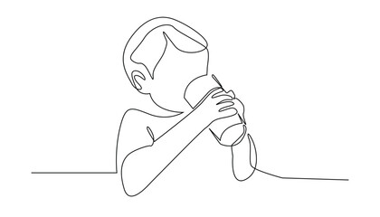 Continuous Line Art: Child Drinking From Glass, Vector Illustration.