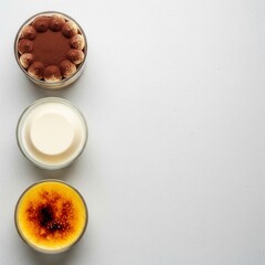 An elegant dessert flight featuring tiramisu, panna cotta, and crème brûlée, showcasing classic European patisserie

