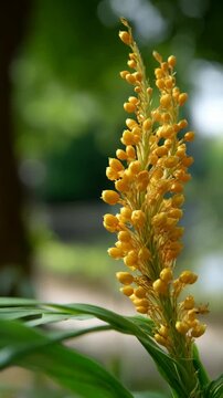 Close up on a vibrant yellow Globba winitii plant with distinctive flower clusters and lush green leaves.