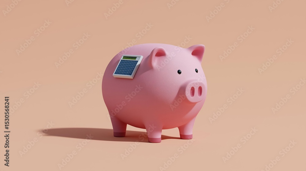 Poster 3d rendering of a pink piggy bank with a small solar panel on top of it. the pig is standing on all 