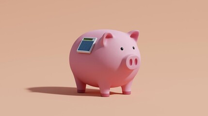 3d rendering of a pink piggy bank with a small solar panel on top of it. the pig is standing on all fours and is facing towards the right side of the image. the background is a plain peach color.