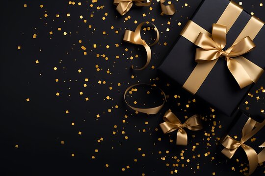 Black gift box with a golden ribbon on a black background, top view