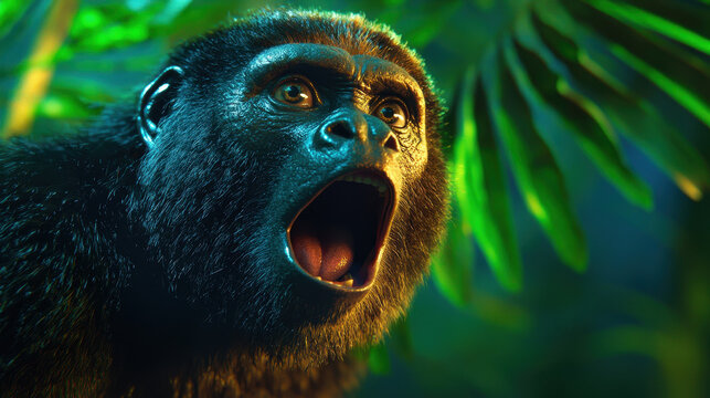 Photorealistic image of howler monkey expressing loud call in lush jungle setting, surrounded by vibrant green foliage