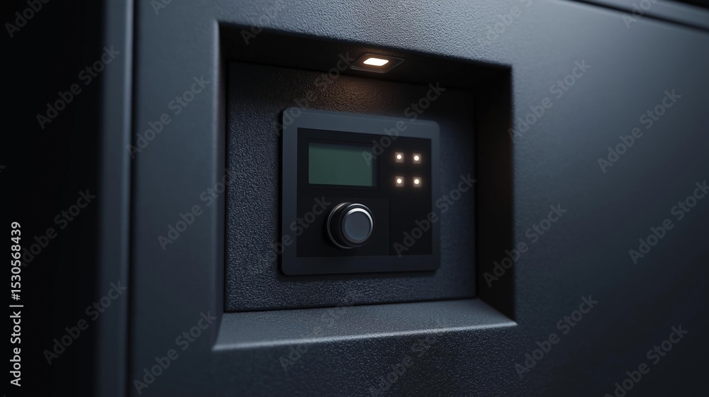 Poster close-up of a black electronic device mounted on a dark grey wall. the device appears to be a contro