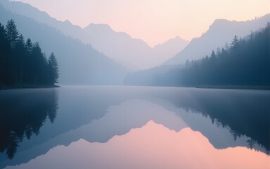 calming rhythms, serene mountain landscape reflected in calm lake waters at dawn, misty and peaceful soft light. High quality