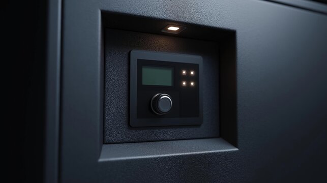 Close-up of a black electronic device mounted on a dark grey wall. the device appears to be a control panel with a rectangular shape and a small screen in the center.