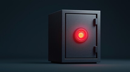 Black metal safe box with a red circular button on the front. the door of the safe is open, revealing the interior. the background is dark, making the red button stand out.