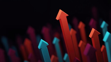 Close-up of a group of colorful arrows pointing upwards. the arrows are of different colors - red, orange, blue, pink, and purple - and are arranged in a diagonal line.