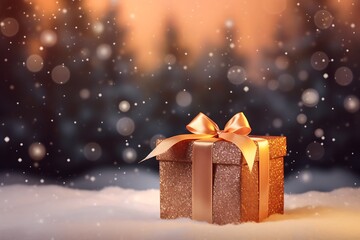 Golden Christmas present box with a red ribbon on snow against a blurred background of a night forest and lights