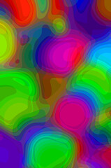 A colorful abstract painting with many different shades of green, red, and blue