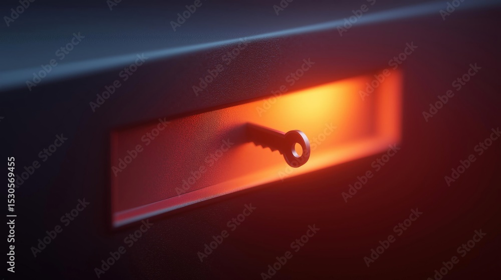 Poster close-up of a keyhole in a dark room. the keyhole is in the center of the image and is lit up with a