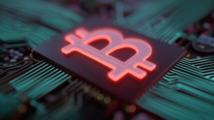 Close-up of a computer chip with a red bitcoin symbol on it. the chip is placed on top of a circuit board with green and blue lines and dots.