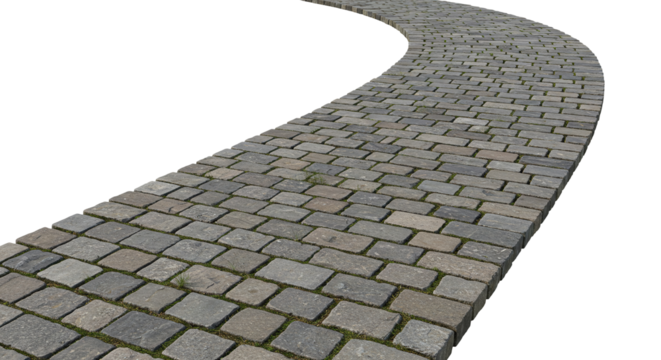 Curved cobblestone street road pathway texture isolated on a transparent background