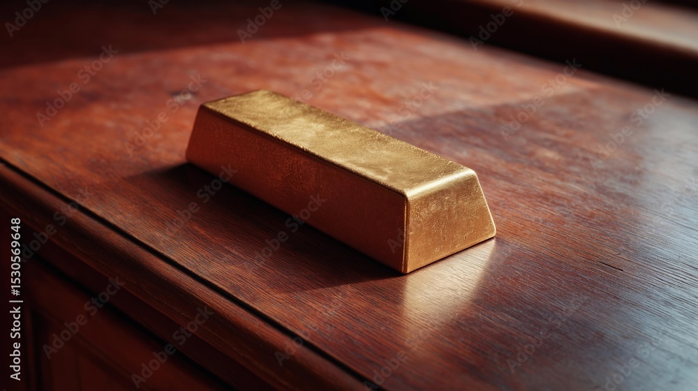 Poster small, rectangular object, possibly a bar of gold, resting on a wooden surface. the object appears t