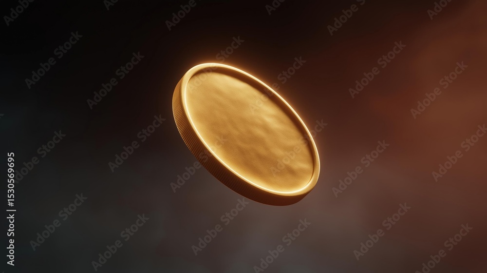 Poster close-up of a golden coin. the coin is in the center of the image and is slightly tilted to the righ