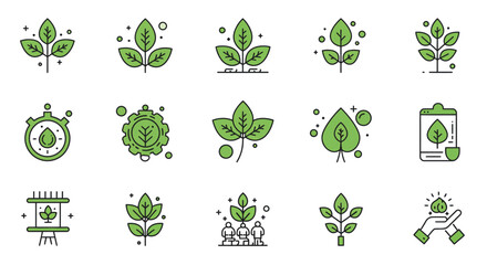 Green leaves growth icons set nature eco friendly design elements collection