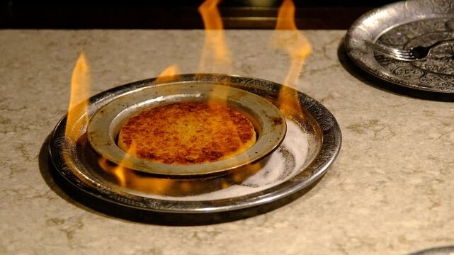 Close-up view of Kunefe being prepared on a stovetop with melted cheese and golden crispy pastry.
