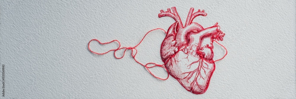 Poster red thread looping through a medical heart sketch on textured canvas creates a striking visual contr