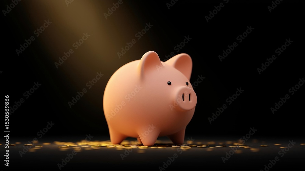 Poster 3d rendering of a pink piggy bank on a black background. the pig is standing upright with its body f