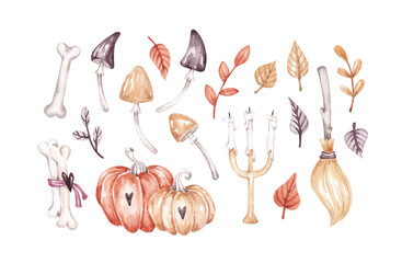 Halloween printable clip art hand drawn with watercolor. Isolated on white. Cute Halloween objects. For cards, invitations, posters, scrapbook and so on
