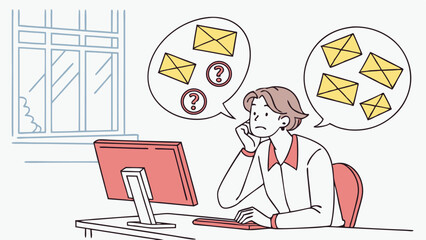 Woman at desk with computer thinking about emails and question marks in speech bubbles near window light