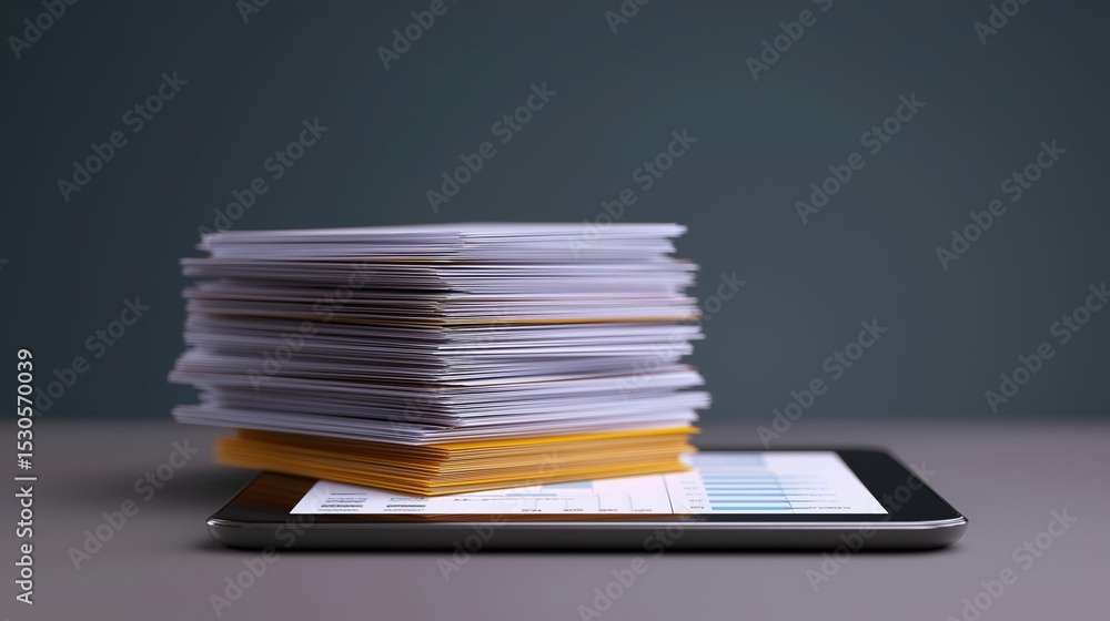 Poster stack of papers and a tablet on a grey surface. the papers are neatly stacked on top of each other, 