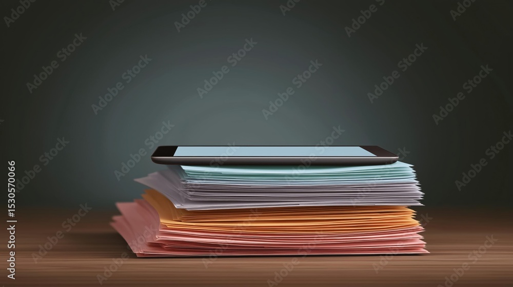 Aufkleber stack of colorful folders on a wooden table. the folders are neatly arranged in a pyramid-like shape