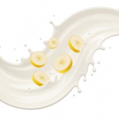 Round banana slices are dynamically falling into a stream of milky beverage, creating an appetizing splash,