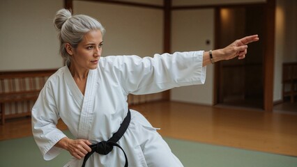 Focused Mature Woman Practicing Martial Arts Indoors