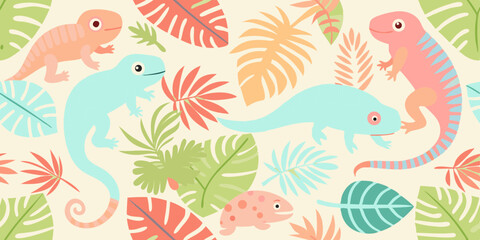 Charming Pastel Chameleons and Tropical Leaves Seamless Pattern