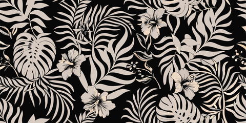 Black background with white tropical leaves and flowers in a repeating pattern design element art
