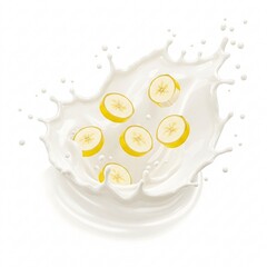 Round banana slices are dynamically falling into a stream of milky beverage, creating an appetizing splash,