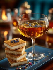 Naklejka premium the image showcases a tall, stemmed glass filled with a golden liquid, garnished with small flowers
