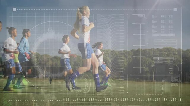 On drill start seven female soccer players jogging field, with animated speed charts guiding sprint
