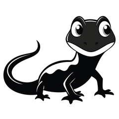 Cartoon black lizard with expressive eyes stares directly forward against a white background