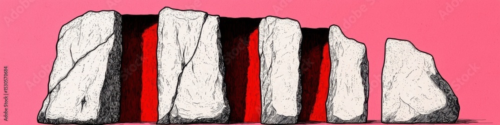 Poster abstract eroded white blocks divided by red and black spaces on pink background