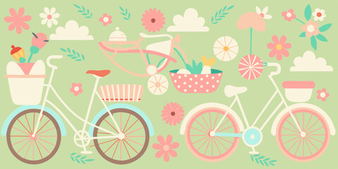 Fototapeta premium Charming Springtime Bicycle Illustration Pastel Bikes, Flowers, and Baskets
