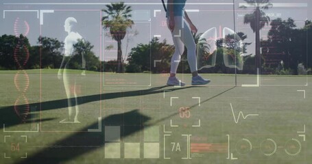 Golfer walking onto green triggers fitness HUD updating heart rate and lung scan during ball pickup - Powered by Adobe