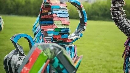 A panning shot revealing various colorful abstract sculptures made from recycled plastic, part of an outdoor eco-art installation - Powered by Adobe