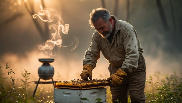 Experienced Beekeeper Carefully Inspecting Honeycomb Frames at Sunrise, Misty Morning
