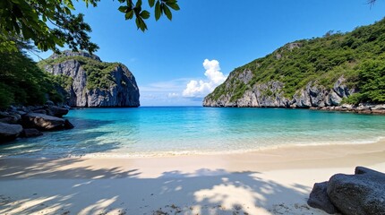 Obraz premium Tropical Paradise Beach with Crystal-Clear Waters and Lush Greenery Against a Blue Sky Background